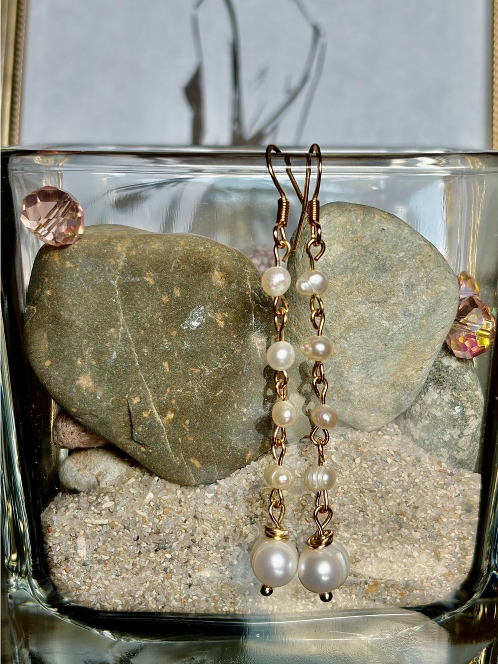 Delicate Pearl Drop Chain Earrings in Gold